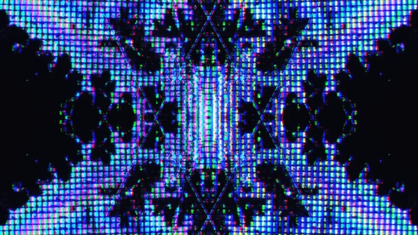 輝きを放て デジタル フラクタル 電子装飾 虹色青ピンクイエローカラーライト液晶対称ピクセル設計上の黒抽象的なイラストの背景 — ストック写真