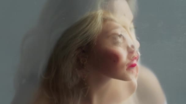 Traumhafte Schönheit Wohlfühlharmonie Doppelbelichtung Defokussierte Silhouette Inspiriert Ruhige Nachdenkliche Blonde — Stockvideo