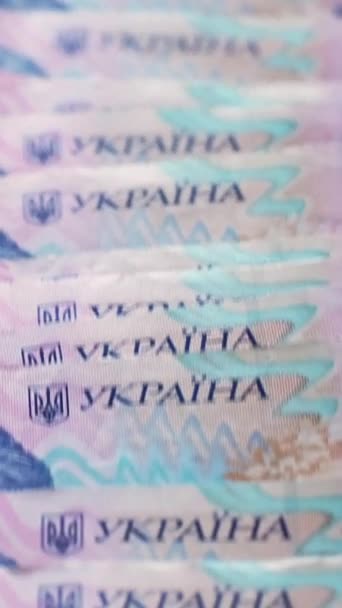 垂直录像 乌克兰货币 现金钱 经济通货膨胀 200Hryvnia钞票粉红蓝色纸钞票堆栈 — 图库视频影像