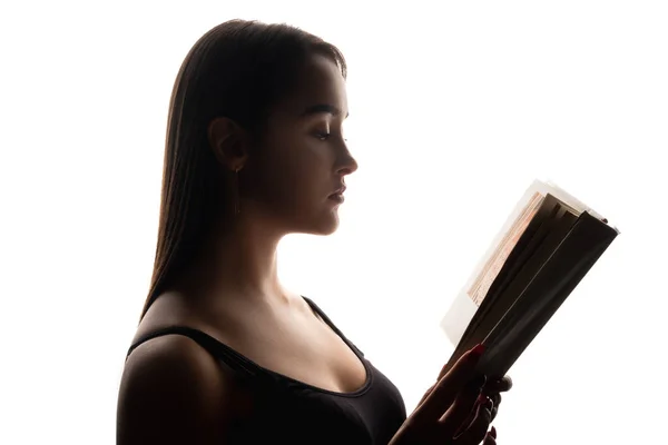 Czytam Sylwetkę Uczę Się Kształcenie Wiedzy Ciemny Profil Inteligentnej Kobiety — Zdjęcie stockowe