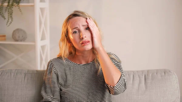 Headache Suffer Exhausted Woman Pain Frustration Sick Lady Holding Head — Stock Photo, Image
