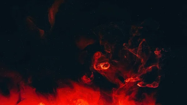 燃える炎の煙 ナイト インフェルノ 爆風だ 赤オレンジ色の光る蒸気の噴煙粒子のテクスチャ濃い黒抽象的な背景 — ストック写真