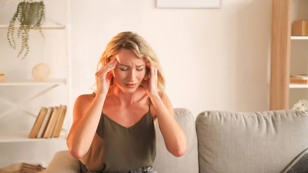 Exhausted Day Suffering Woman Headache Frustration Feeling Bad Sick Lady — Stock Photo, Image