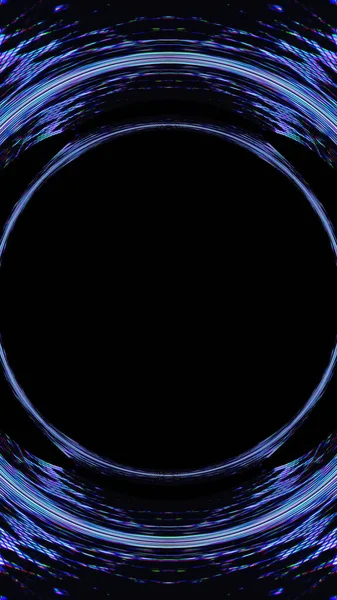 Digital frame. Cyber portal. Quantum vortex. Neon purple blue color glow glitch round flare on dark black abstract illustration copy space background.