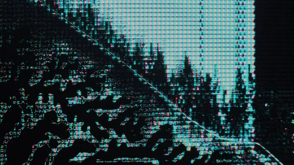 Glitch fluid. Matrix distortion. Damaged display. Iridescent blue pink color glowing pixel liquid crystal grain noise texture on dark black abstract art illustration background.
