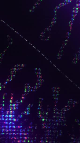 垂直ビデオ ネオン流体 未来的な不具合だ 歪みのある遺物 蛍光紫青緑色液晶スプラッタの流れ上のピクセルテクスチャ暗い抽象的なアートの背景 — ストック動画