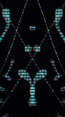 Dikey video. Arıza sanatı. Dijital fraktal. Matris bozulması. Flüoresan mavi pembe parlak sıvı kristal hareket koyu siyah fütürist soyut arka plan.