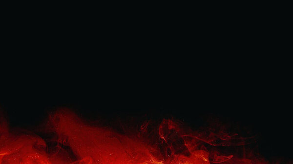 Fire flame. Smoke heat. Glitter mist. Volcano blaze. Red orange color glowing shimmering sparks haze on dark black abstract empty space background.