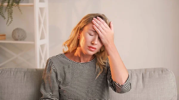 Exhausted Day Suffering Woman Headache Frustration Sick Lady Holding Forehead — Stock Photo, Image