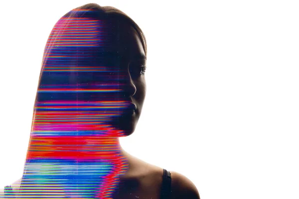 Glitch face art portrait. Beauty distortion. Double exposure pink blue purple color analog lines artifacts noise woman silhouette on white empty space background.