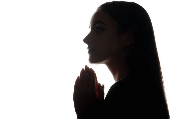 Prayer Silhouette Christian Faith Hope Forgiveness Dark Backlit Profile Portrait — Stock Photo, Image