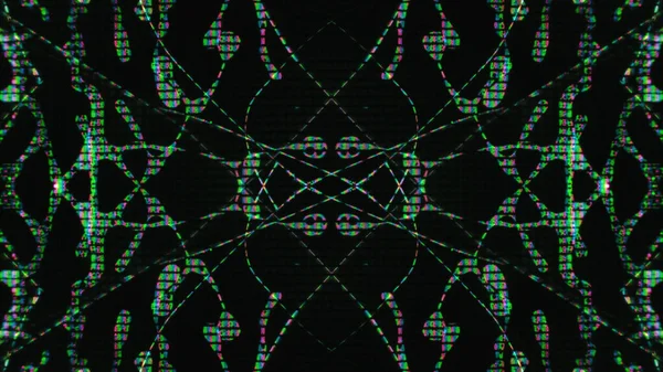 Glitch art. Digital fractal. Distortion ornament. Green pink blue color glowing liquid crystal symmetrical pixel noise creative dark black abstract illustration background.