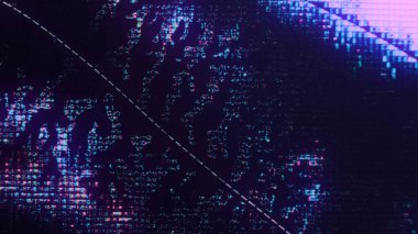 Dijital sıvı. Neon arızası. LCD ekran hatası. Flüoresan mor pembe renk ışık sıvı kristal, koyu fütüristik soyut illüstrasyon arka planında gürültü deseni..