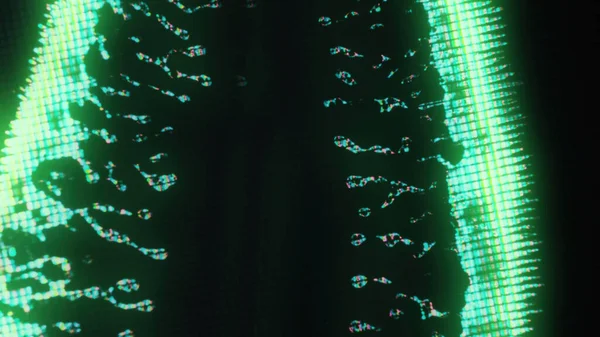 Glowing fluid. Digital splatter. Glitch light. Power core. Fluorescent green cyan blue color liquid crystal pixel artifacts on dark black abstract art illustration background.