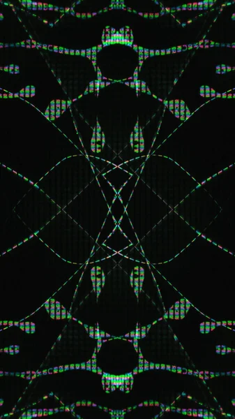 グリッチデザイン デジタル万華鏡 幾何学的歪み 緑のピンク青の液晶人工物ダークブラックの抽象的なイラストの背景に対称的なパターン — ストック写真