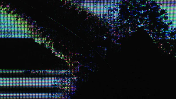 Pixel glow. Glitch mosaic. LCD screen distortion. Fluorescent blue pink purple color light dots texture on dark black abstract art illustration empty space background.