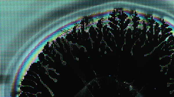Pixel灯 闪烁着液体 数字彩虹 蓝色粉色黄色发光液晶飞溅在深黑色抽象图解复制空间背景上 — 图库照片