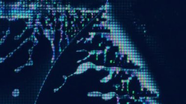 Dijital sıvı. Arıza bozulması. Açığa çıkarma etkisi. Yanardöner mavi turuncu parlak sıvı kristal sıçrama hareketini koyu hasarlı soyut arkaplan üzerine damlat.