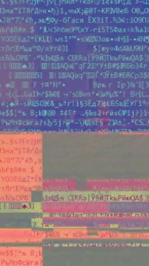 Dikey video. Bilgisayar hatası. Program hatası. Hackleme saldırısı. Senaryo metnindeki mavi renk pikseli gürültü bozulması soyut arkaplan.
