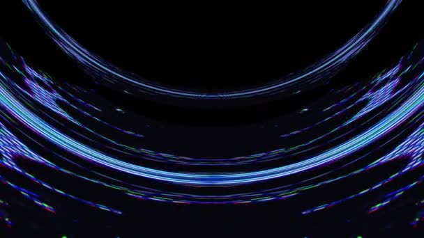 デジタル グロー 未来的背景 銀河の輝き 蛍光ブルーピンク色のグリッチ曲線ダークブラック抽象的な空の空間上の光の動き — ストック動画
