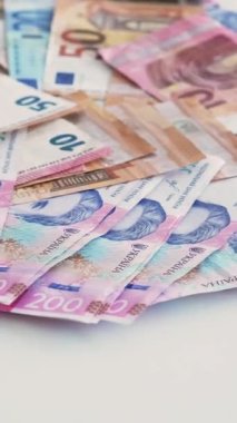 Dikey video. Nakit para. Yabancı para birimi. Küresel ekonomi Renkli Euro Amerikan Doları Hryvnia Kağıt banknot yığını beyaz arka planda.