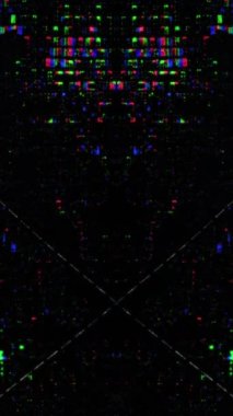 Dikey video. Arıza sanatı. Dijital fraktal. Geometrik tasarım. Neon mavisi, yeşil, parlayan sıvı kristal piksel koyu siyah soyut arkaplan üzerinde sıçrama hareketi.