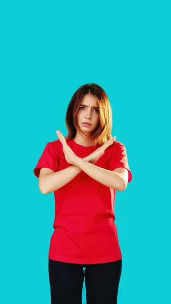Way Forbidden Gesture Stop Sign Serious Displeased Woman Red Shirt — Stock Photo, Image