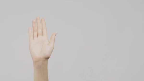 Hallo Gebaar Groet Teken Vrouwelijke Hand Lichte Kopieerruimte Achtergrond — Stockfoto