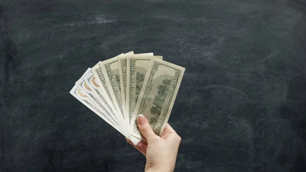 Money Loan Female Hand Holding Dollar Fan Copy Space Chalkboard — Stock Photo, Image
