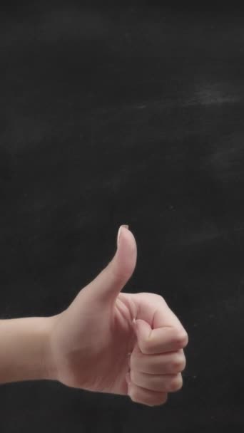 Vertical Video Gesture Approval Sign Woman Hand Showing Thumb Chalkboard — Stock Video