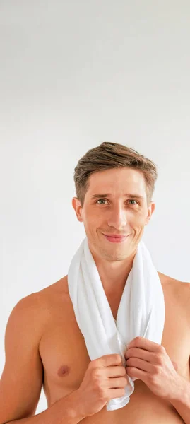 Hygiene Routine Freshness Man Care Smiling Satisfied Handsome Guy Towel — Stock Photo, Image