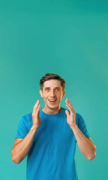 Surprised Man Expressive Emotion Astonished Optimistic Handsome Guy Blue Raised — Stock Photo, Image