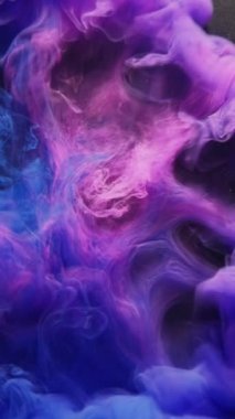 Dikey video. Suyu boya. Mürekkep damlası. Duman patlaması. Floresan pembe mor renkli duman bulutu siyah parıltı tozuna sıçrıyor soyut arkaplan ortaya çıkıyor.