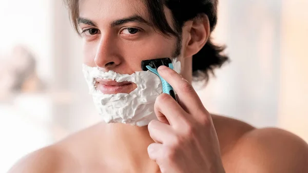 Shaving Procedure Facial Grooming Male Skincare Attractive Undressed Man Foam — Stock Photo, Image