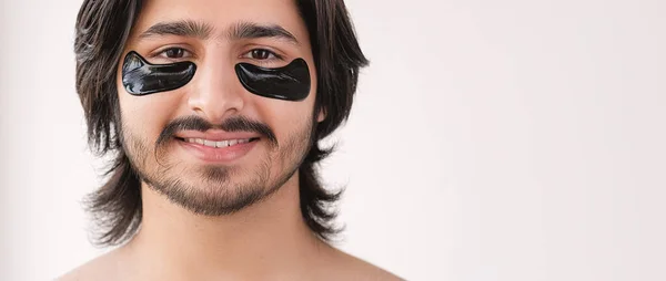 Facial Patches Male Beauty Care Cheerful Smiling Man Eye Hydrogel — Stock Photo, Image