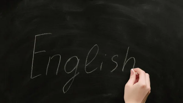 Escola Inglês Estudo Língua Estrangeira Professora Feminina Mão Escrita Palavra — Fotografia de Stock