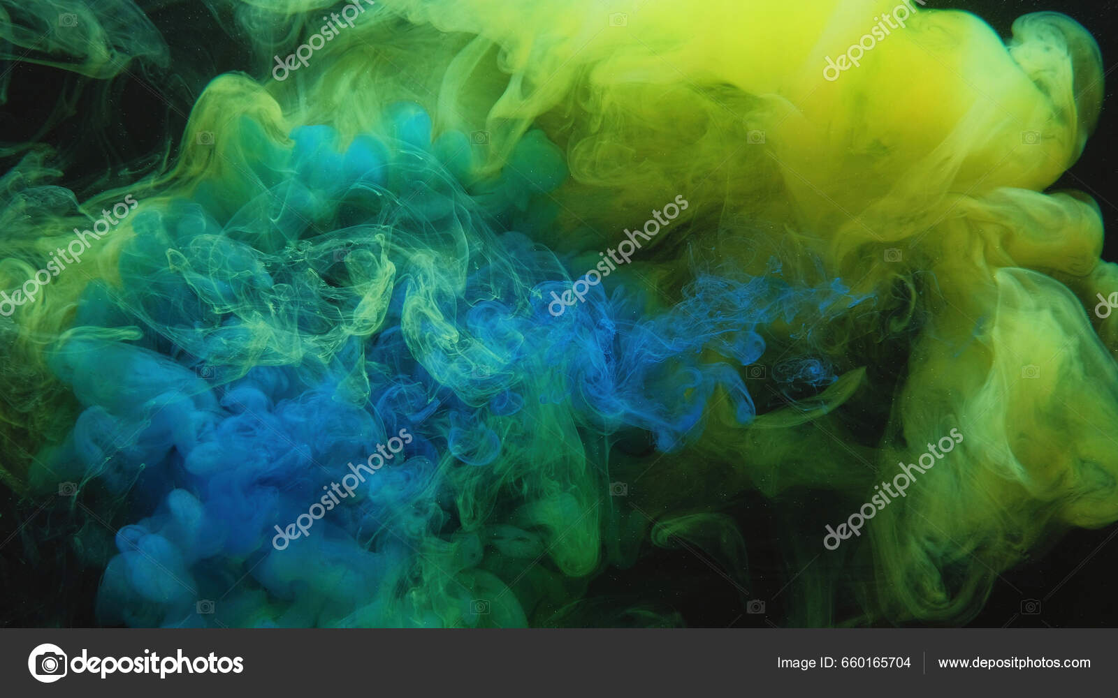 Color mist. Ink water. Haze texture. Fantasy night sky. Blue green shiny  glitter steam cloud blend on dark black abstract art background. Stock  Photo