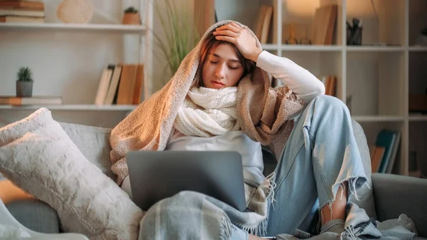 Sick Work Flu Freelancer Exhausted Shivering Woman Wrapped Plaid Remote — Stock Photo, Image
