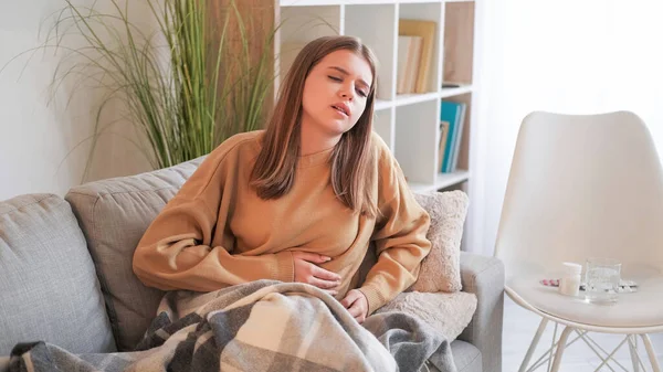 Period Pain Stomach Problems Suffering Woman Feeling Cramps Holding Hands — Stock Photo, Image