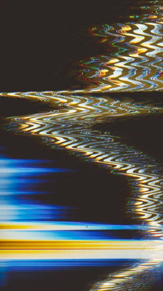 グリッチノイズを上げる 色の歪み ライトフレア 青いオレンジ色の白い波のテクスチャの人工物黒のイラストの抽象的な背景 — ストック写真
