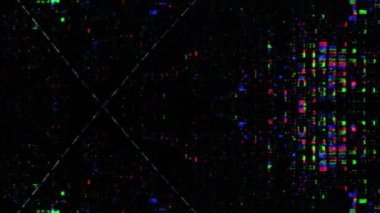 Arıza sanatı. Dijital fraktal. Geometrik tasarım. Neon mavisi, yeşil, parlayan sıvı kristal piksel koyu siyah soyut arkaplan üzerinde sıçrama hareketi.