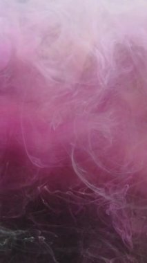 Dikey video. Mürekkep damlası. Renkli duman sıçraması. Fantezi patlaması. Pastel pembe buhar bulutu koyu siyah simli toz parçacıkları üzerinde yüzüyor soyut sanat arka planı.