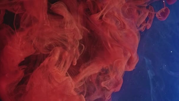 インクの水 煙が出る ペイントミックス 水中爆発だ 明るい珊瑚赤青蒸気雲の波が動き抽象的なアートのオープナー背景を広げる — ストック動画