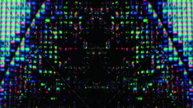 Dijital objeler. Renk bozukluğu. Bozulmayı göster. Floresan mavi yeşil sıvı kristal gürültü koyu siyah soyut sanat arka planında parıltı hareketi.