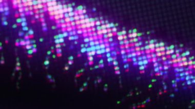 Neon parıltıları. Bulanık ışık. Dijital arıza. Mozaik doku. Odaklanmamış mor mavi renk parlak sıvı kristal hareket koyu siyah soyut sanat arka planında.