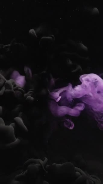 垂直录像 墨水水弹 水下染料爆炸 深暗抽象艺术背景下紫色黑色蒸气和闪光尘埃颗粒的混合运动 — 图库视频影像