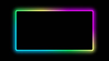 Elektrik çerçevesi. Neon ışıklı arka plan. Siyah siyah geometrik soyut kopya uzayı üzerinde sönük mor cyan mavi renk gradyan parlayan dikdörtgen.
