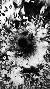 Siyah mürekkep. Islak girdaplar. Koyu beyaz sıvı sıçrama karışımı su yağı sıçrama sıvısı girdap tasarımı soyut arkaplan.