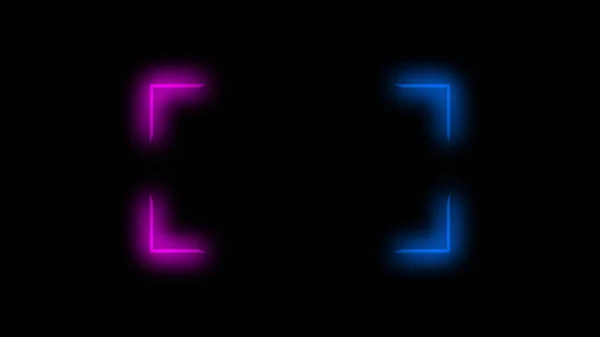Blur neon frame. Glowing background. Defocused blue pink color led light flare square angle corners design on dark black abstract geometric empty space.