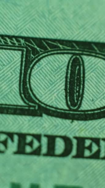 垂直录像 美元碎片 一百索德法案 纸货币 绿色银元钞票号码标牌宏观细节纹理背景 — 图库视频影像
